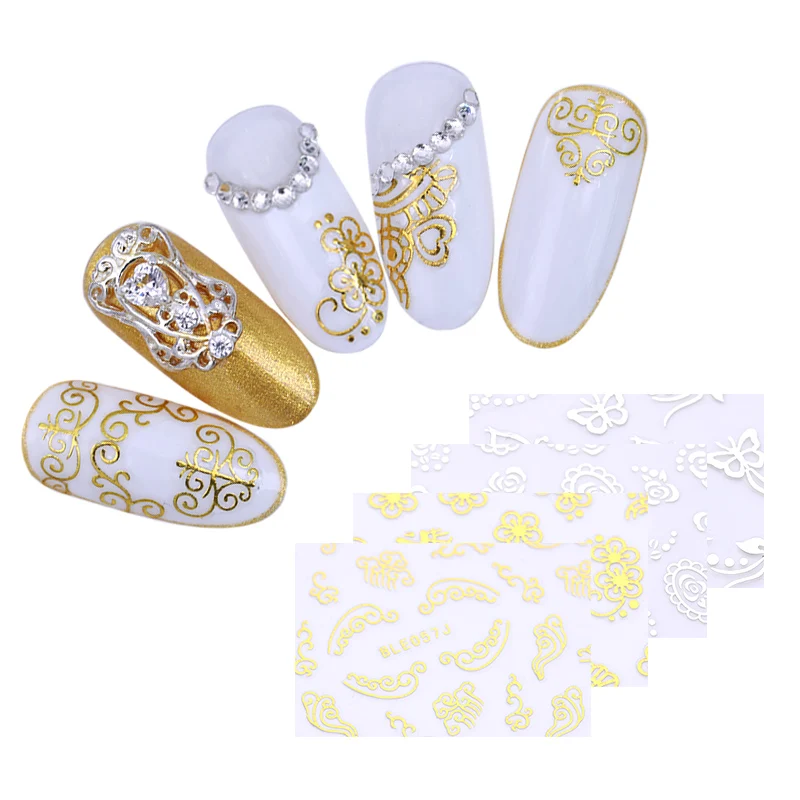 

Gold Sliver 3D Nail Sticker Set Flowers Hearts Butterfly Stars Cloud Manicure DIY Nail Art Transfer Stickers 4 Sheets