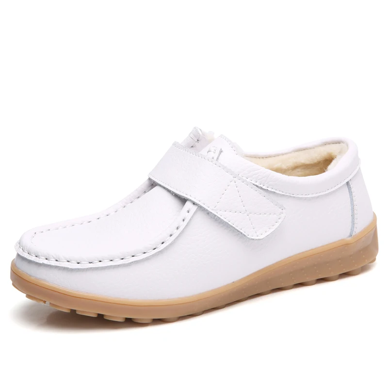 WeiDeng/мокасины из натуральной кожи на меху; зимние лоферы; женская обувь для отдыха; Теплая Повседневная Удобная зимняя обувь без застежки - Цвет: White