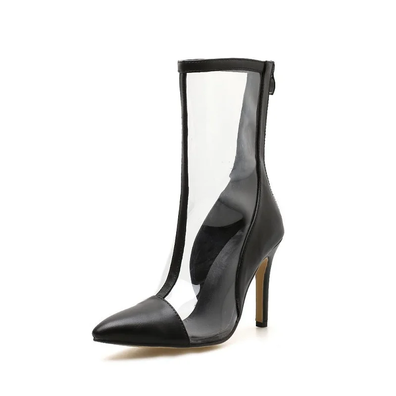 

2019 Europe and America transparent pvc stitching stiletto pointed high-heeled tube female boots black ljj 0216