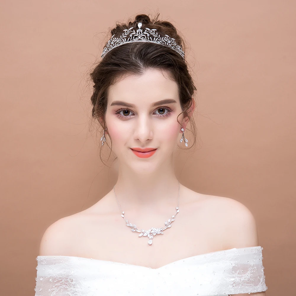 

3PCS/Set Zircon Stone Jewelry Sets for Wedding Bride Crown Tiara AAA Cubic Zirconia Plant Design Necklace Choker with Earrings