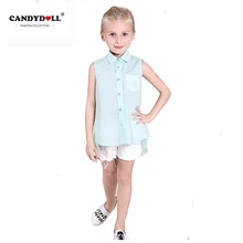 Новинка года; летние блузки для девочек; детская хлопковая Однотонная рубашка без рукавов с отложным воротником для малышей; тонкий стиль; высокое качество