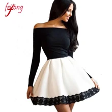 Sexy Wanita Party Dress Kasual Lengan Panjang Off Shoulder Slash leher A-Line Pendek Gaun Pernikahan & de Festa Gaun Hitam Putih gadis
