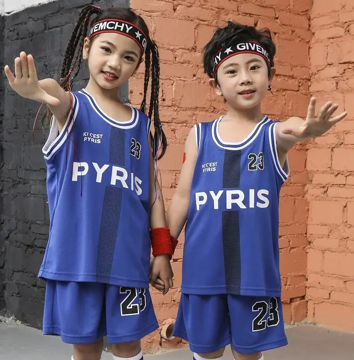 Детский баскетбольный комплект, 23#, баскетбольная форма для девочек, дышащие детские спортивные майки в стиле Парижа, тренировочная одежда для баскетбольной команды - Цвет: Синий