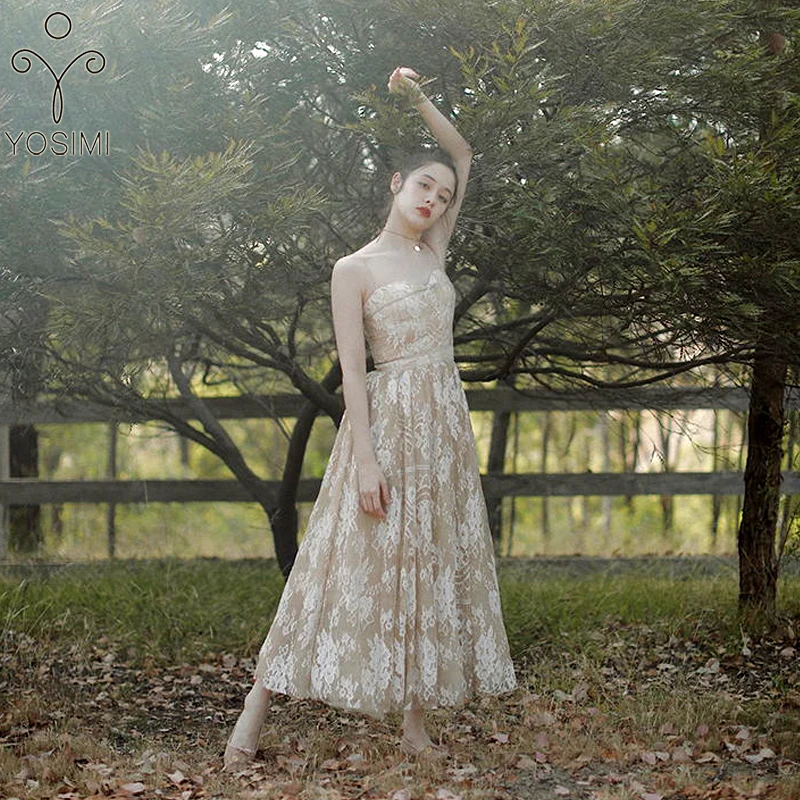 

YOSIMI 2019 Summer Maxi Vintage Long Women Dress Evening Party Dress Strapless Femele Sleeveless Spaghetti Beige Dresses Elegant