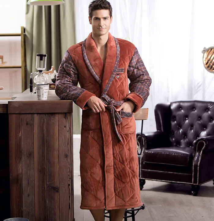 Brand Winter Bathrobe for Men British Casual Thickening Flannel Cotton Bath Robe Male Winter Home Dressing Gown With String Blet