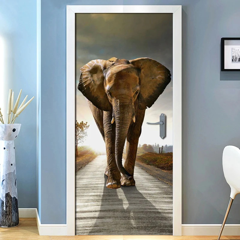 Highway Elephant Living Room Bedroom Door Mural Sticker PVC Adhesive Waterproof Wallpaper Home Decoration Door Sticker Mural