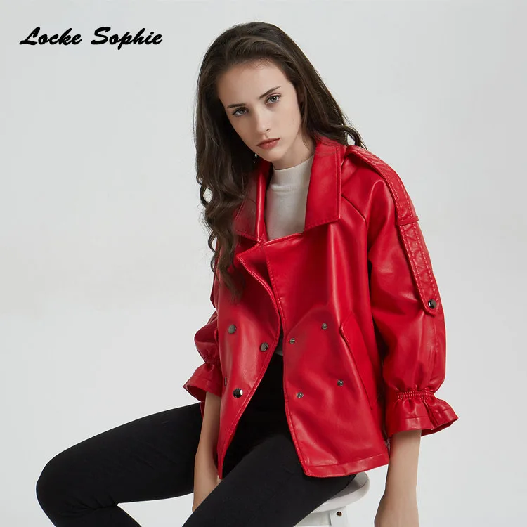 Women's Plus size short jacket blazers 2019 Autumn PU leather faux fur Double-breasted Jacket ladies Skinny locomotive blazers