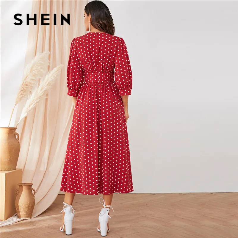 SHEIN Burgundy Polka Dot Wide Waistband Button Detail Maxi Dress Women Elegant V Neck Bishop Sleeve Long Dress Party Dresses