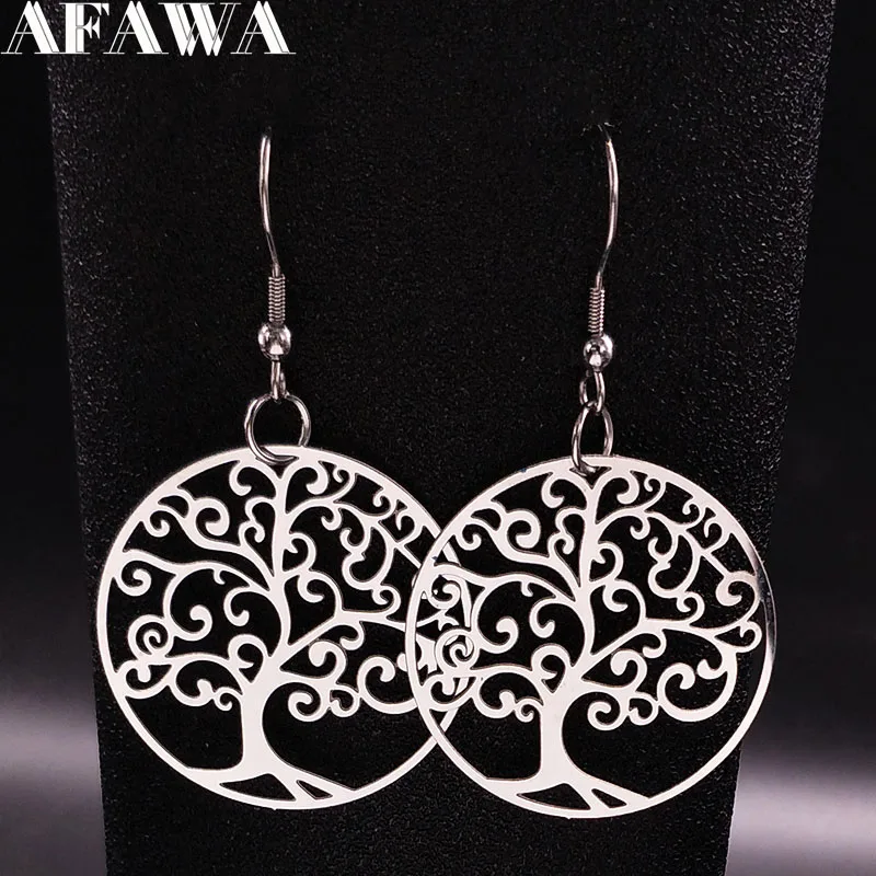 

2019 Tree of Life Stainless Steel Statement Earrings for Women Big Hollow Silver Color Dangle Earrings Jewellery aretes E612488