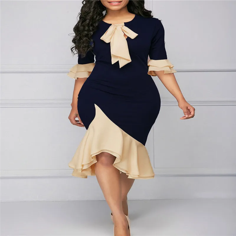 Модное женское платье с круглым вырезом, половинным рукавом, рюшами, бант из полиэстера, повседневные геометрические тонкие платья с бантом