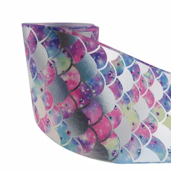 

Shipping free 3 '' 75mm wholesale silver foil mermaid scale printed with grosgrain ribbon with custom accept ,100yard