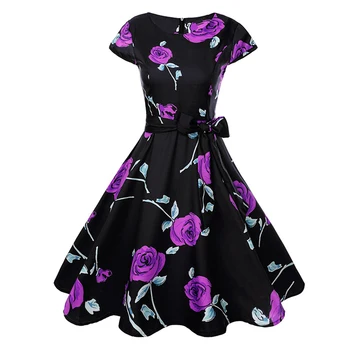 

Toppick Print Summer Dress Women Floral Short Sleeve Vintage Dress With Belt Elegant Robe Party Dress Sundress Plus Size Jurken