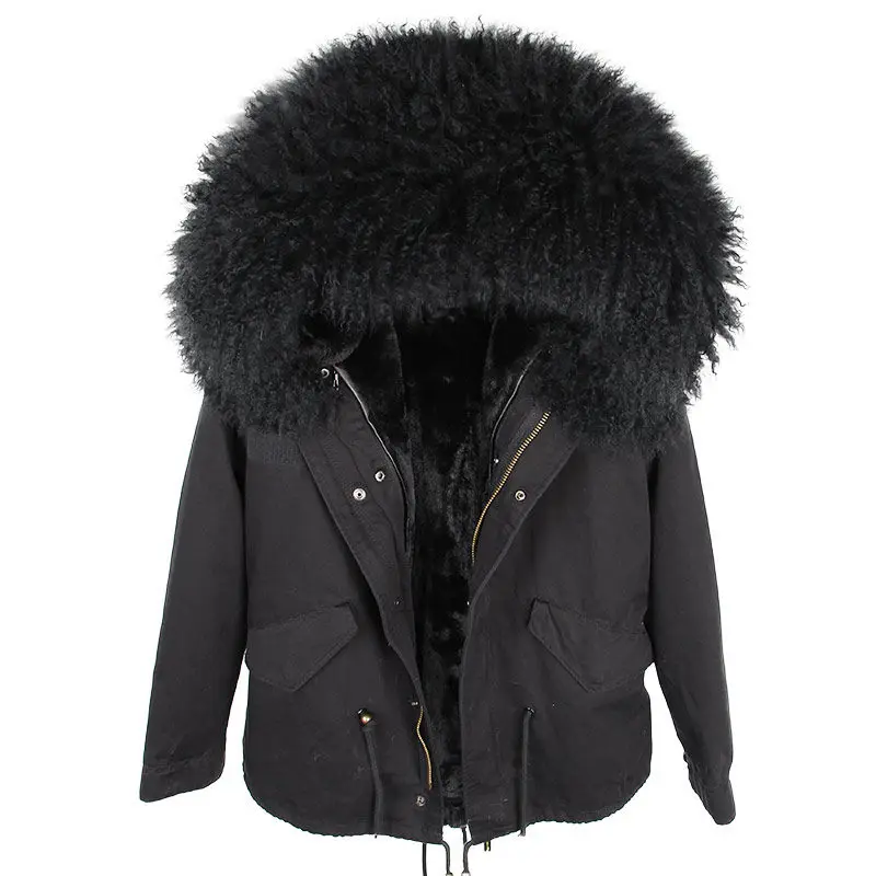 Зимняя женская куртка, парка, пальто из натурального меха, парки из натурального меха монгольской овцы, Толстая теплая Роскошная съемная верхняя одежда, уличная одежда - Цвет: full black