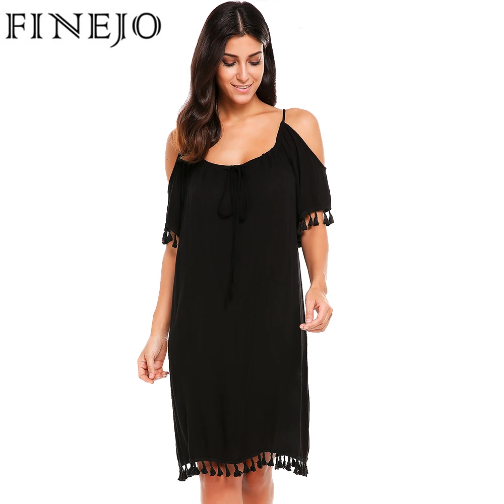 FINEJO Women Casual Off Shoulder Loose Tassel Dress Adjustable Lace up