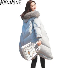 Женская зимняя куртка с меховым воротником, пальто с капюшоном, 90% белый утиный пух, парки, свободный крой, средней длины, теплая Повседневная зимняя верхняя одежда ST164