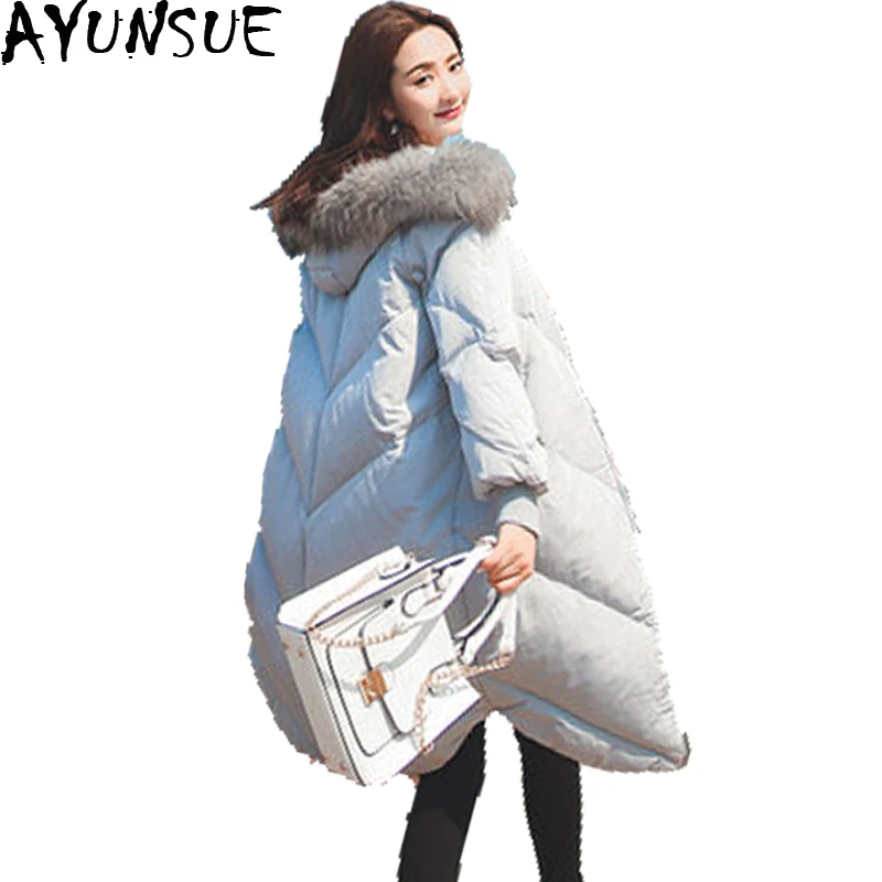Женская зимняя куртка с меховым воротником пальто капюшоном 90% пух белой утки
