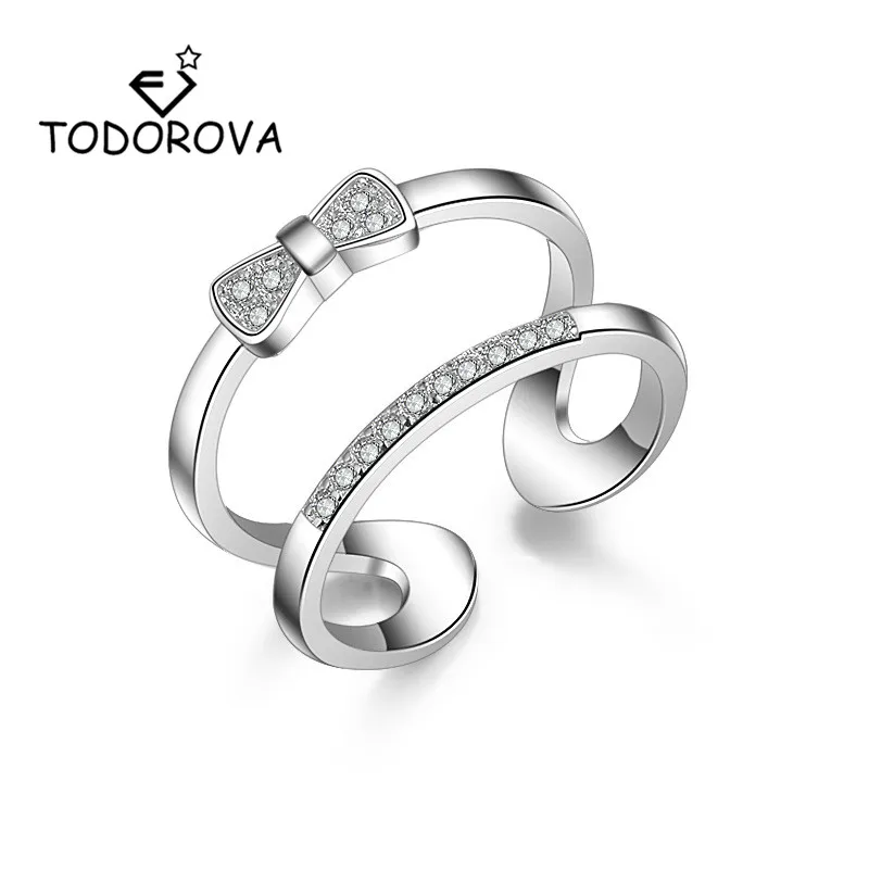 Женское Двухслойное кольцо Todorova регулируемое с бантиком из кубического циркония