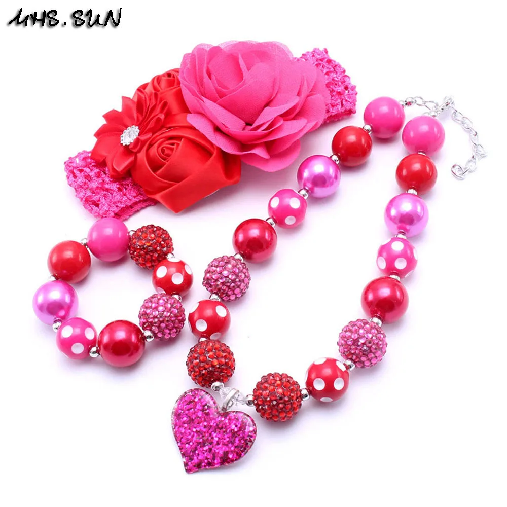 MHS.SUN Love Heart короткое ожерелье для детей & Набор браслетов Bubblegum Bead Baby Girl набор