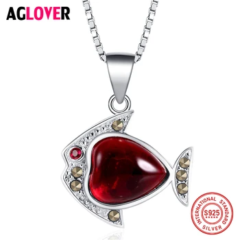 

AGLOVER 925 Sterling Silver Necklace AAA Red Crystal Ruby Fish Pendant Necklace Woman Jewelry
