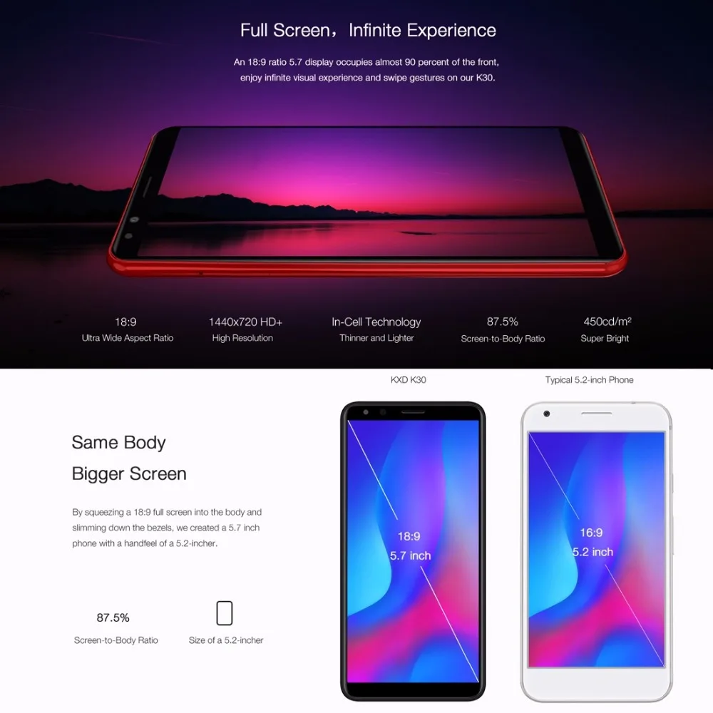 Ken Xin Da KXD K30 Android 8 1 мобильный телефон 5 7 &quot ВЫСОКАЯ ЧЁТКОСТЬ MTK6750 Octa Core 3 Гб