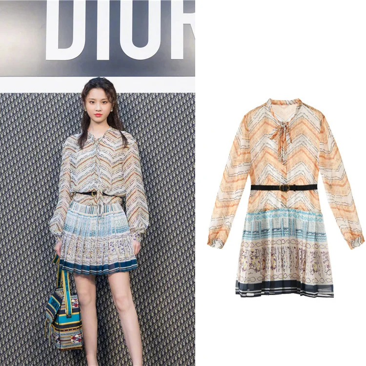 

New paragraph with summer long sleeved chiffon printing stripe pleated short dresses G0514 restoring ancient ways