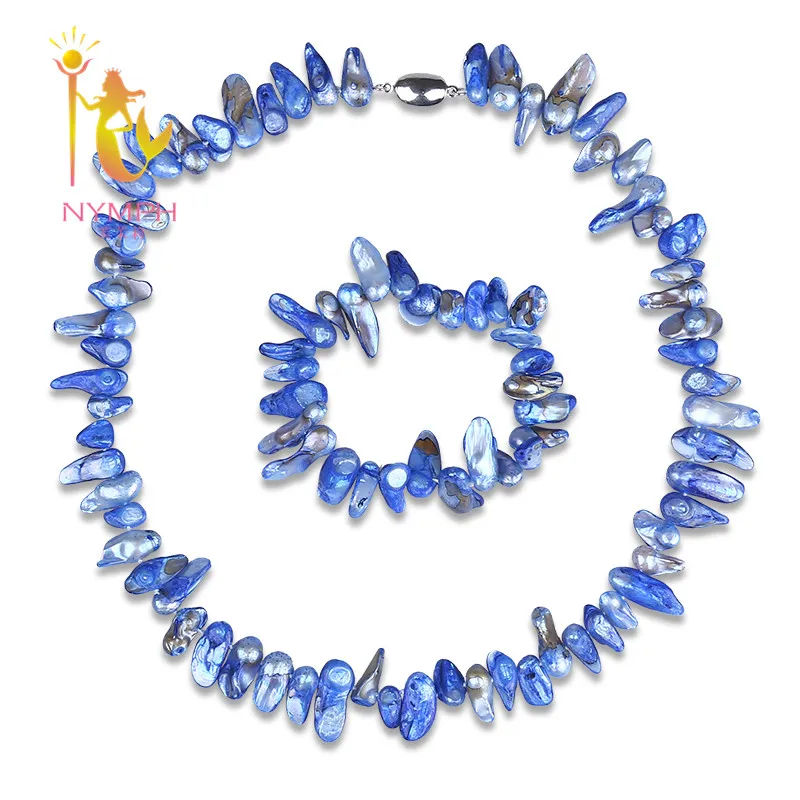 

[NYMPH ] 100% Genuine blue Pearl Jewelry set Brand Baroque Pearl choker necklaces & bracelet Wedding Accessories Gift for momen