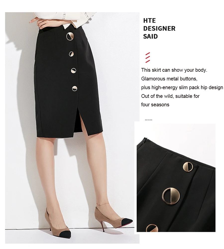 Autumn Winter Women Sexy Skirts High Waist Black Knee-Length Splitting Skirt Office Lady Business Type Wrap Skirt Single Button (2)