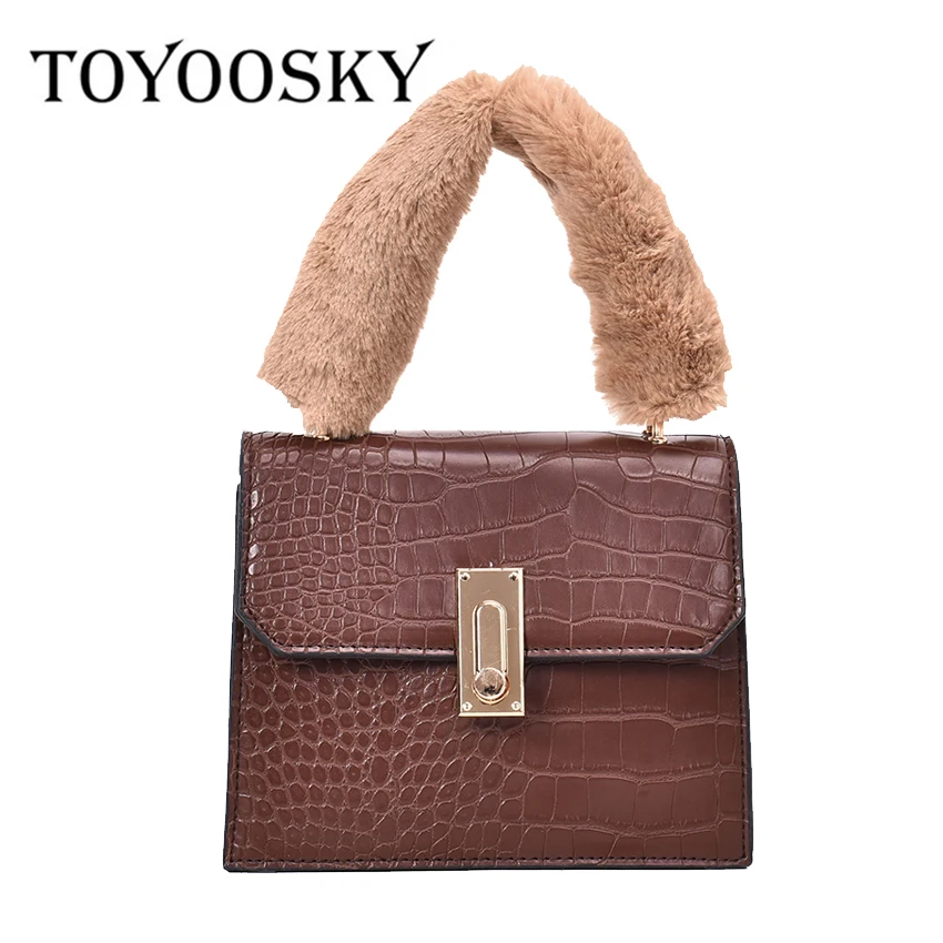 

TOYOOSKY Designer Handbags For Women 2019 Spring Alligator Leather Messenger Bag Ladies Crocodile Soft Fur Handle Shoulder Bag