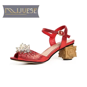 

MLJUESE 2018 women sandals Genuine leather pearls crystal red color buckle strap slingbacks high heels pumps women size 33-43