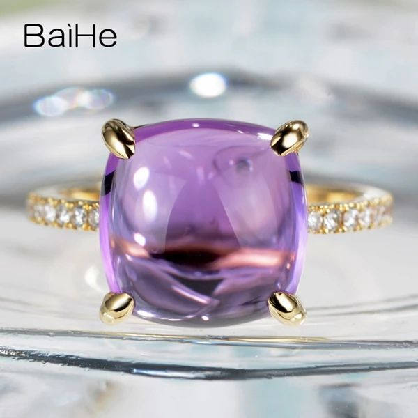 BAIHE, 14 карат, желтое золото, 5CT, сертифицированная Подушка, настоящий аметист, свадебные, круглые, 0.22ct, бриллианты, для женщин, Трендовое, хорошее ювелирное изделие, кольцо