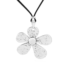 1pcs Antique Silver Large Hammered Charms Flower Pendant Collar Black Faux Suede Leather Rope Chain Necklace Jewelry rhinestone heart faux leather rope necklace