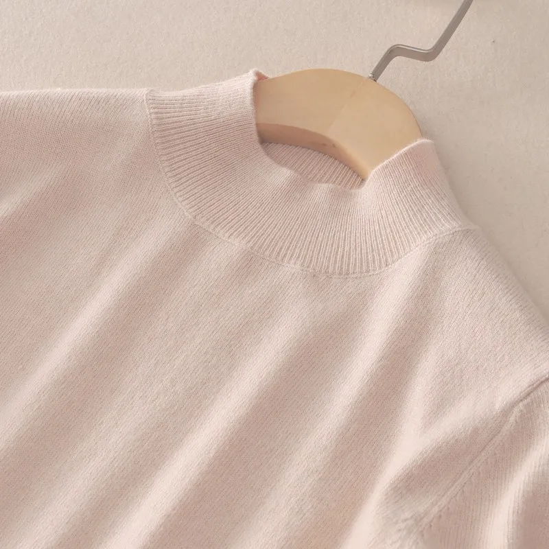 HZYRMY Spring New Women's Cashmere Sweater Casual Solid color half high collar Wool bottoming shirt Slim short Sweater pullover 
