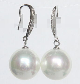 

FREE SHIPPING>>> free shipping 1379 Dangle 14mm round white south sea shell pearls Earrings 925 silver hook