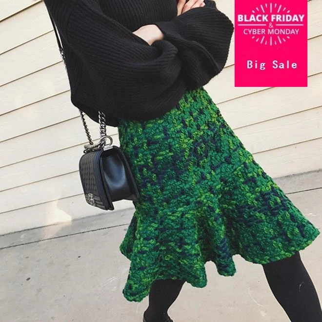 

2019 spring Women Tweed Skirt Knitting High Waist Thickened Slim Plaid Skirt Trumpet Ruffles Hem skirt Q07Skirt Saias 2019 Q05