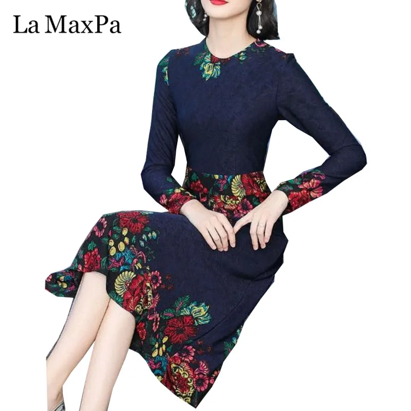 

La MaxPa Long Sleeve Print Dress 2019 New Autumn 4XL Plus Size vintage Causal print floral Loose dresses elegant midi clothing