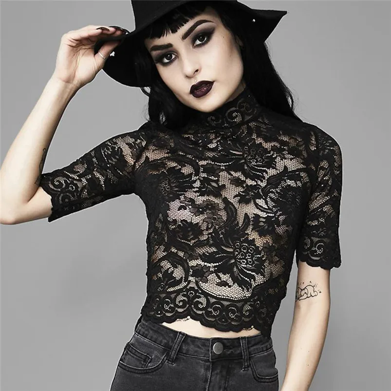 New Beauty Women Gothic Punk Tops Thin Sexy Short Sleeve Perspective Hollow Lace T-shirt Ladies Clothing 35JU28 (14) - 副本