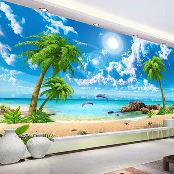 

Hotel Home Decor Wall Papers 3D Beach Coconut Tree Blue Sky Scenery Nature Photo Wall Murals Self Adhesive Vinyl/Silk Wallpaper