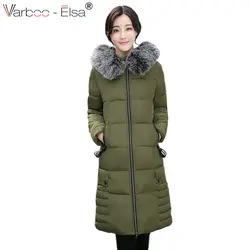 Varboo_elsa новый зимний большой меховой воротник с капюшоном Для женщин длинное пальто парка карман на молнии пальто 2017 верхняя одежда с