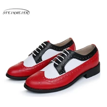 100% Genuine cow leather brogue men flats shoes handmade vintage casual sneakers shoes oxford shoes for men red black white