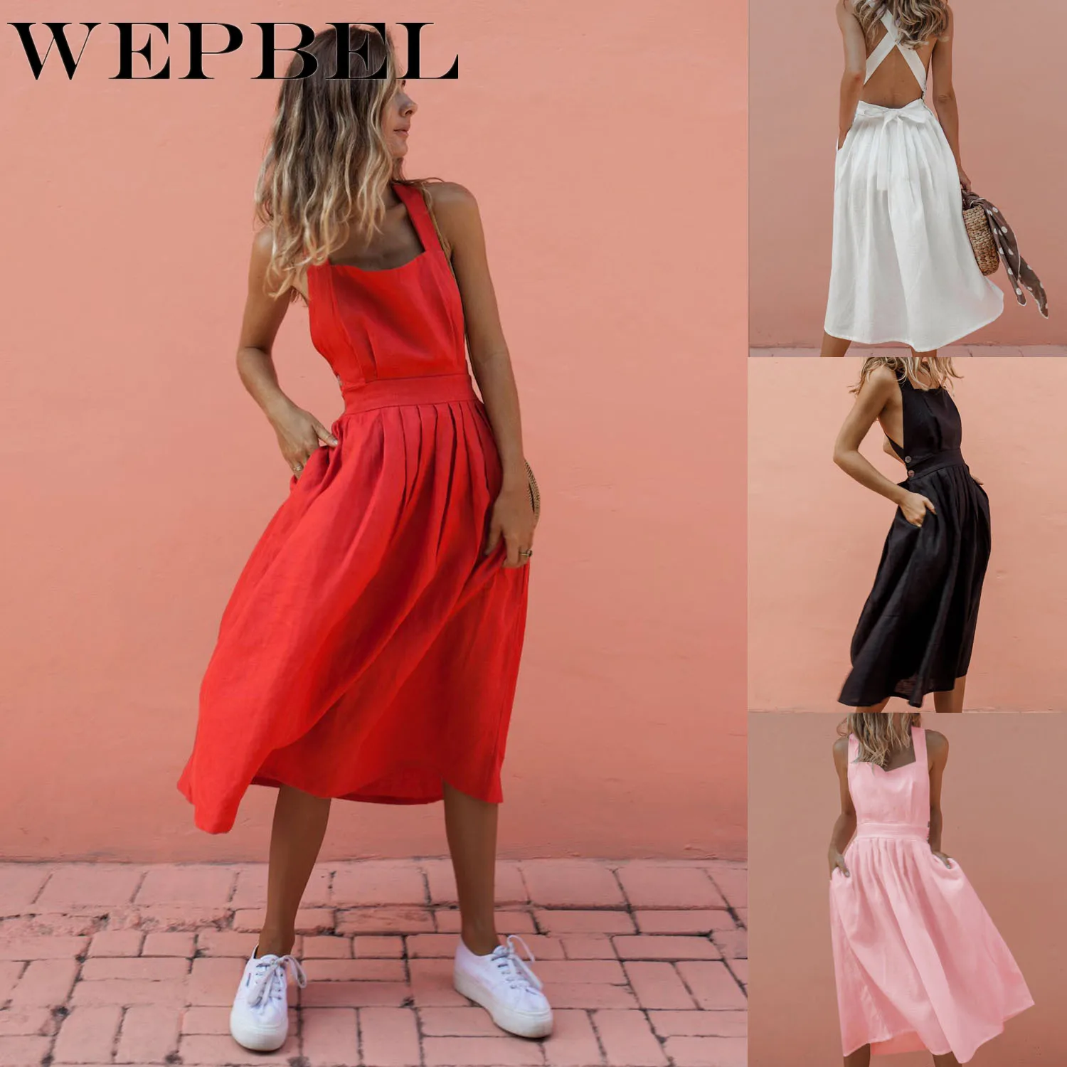 

WEPBEL Women Summer Sling Backless Dress Party Beachwear Sundress Dress Sleeveless Strap Lace-up A-line Midi Dress