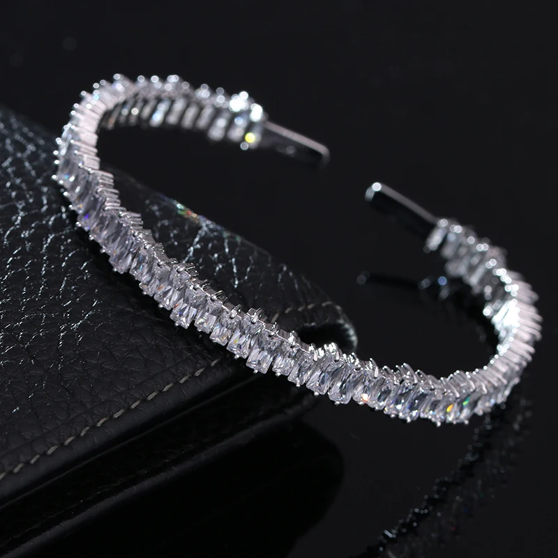 

New Famous Brand Rose Gold Color Bangles AAA+ Cubic Zirconia Cuff Bracelets For Women Baguette Indian Jewelry Pulseiras WB027