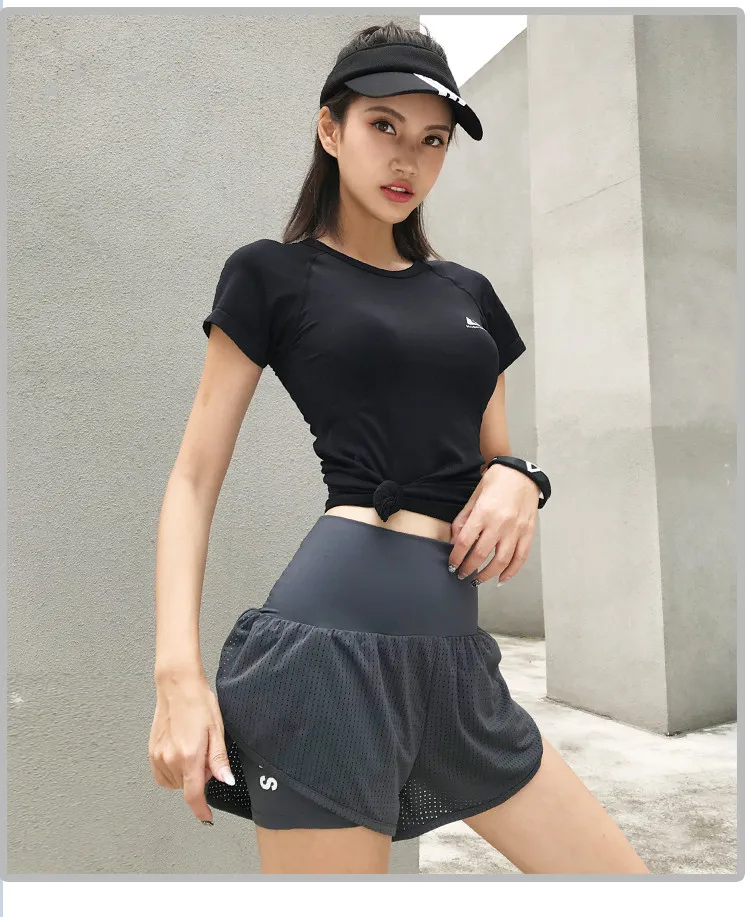 Женские шорты для бега с высокой талией, спортивные шорты для девочек, быстросохнущие спортивные шорты для тренировок, бегунов, шорты из двух частей, шорты для фитнеса
