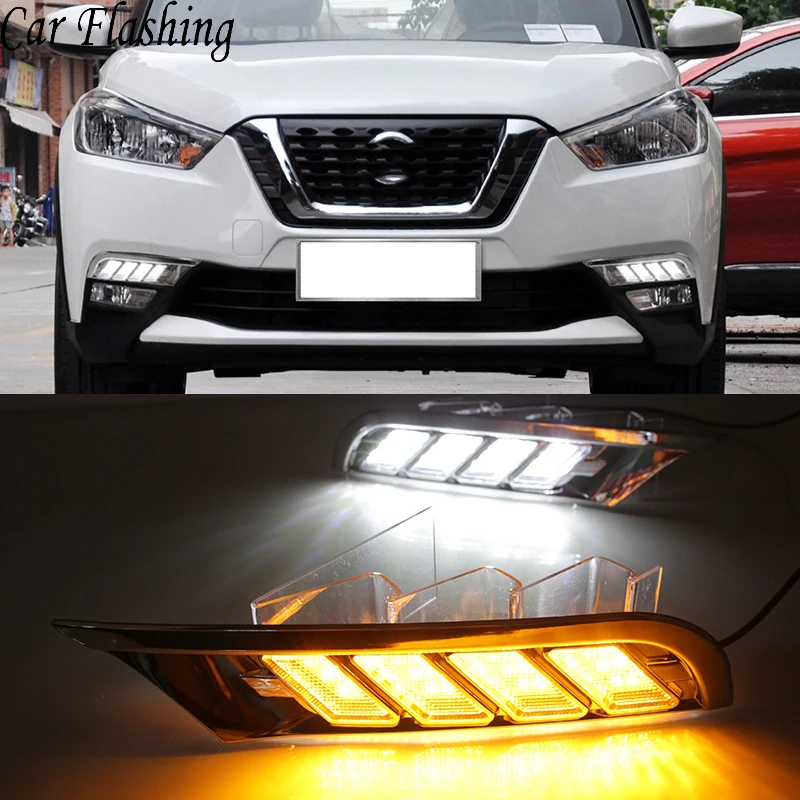 

Car Flashing For Nissan Kicks 2017 2018 12V LED DRL Daytime Running Lights Daylight fog lamp waterproof yellow turn Signal relay