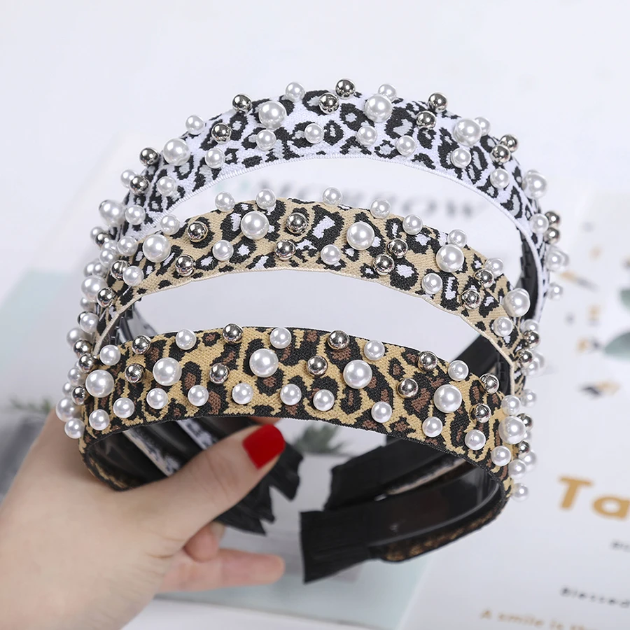 

Haimeikang Fashion Leopard Pearly Hairbands Women Non-slip Headband Korean Style Vacation Hair Accessories Summer Headwear