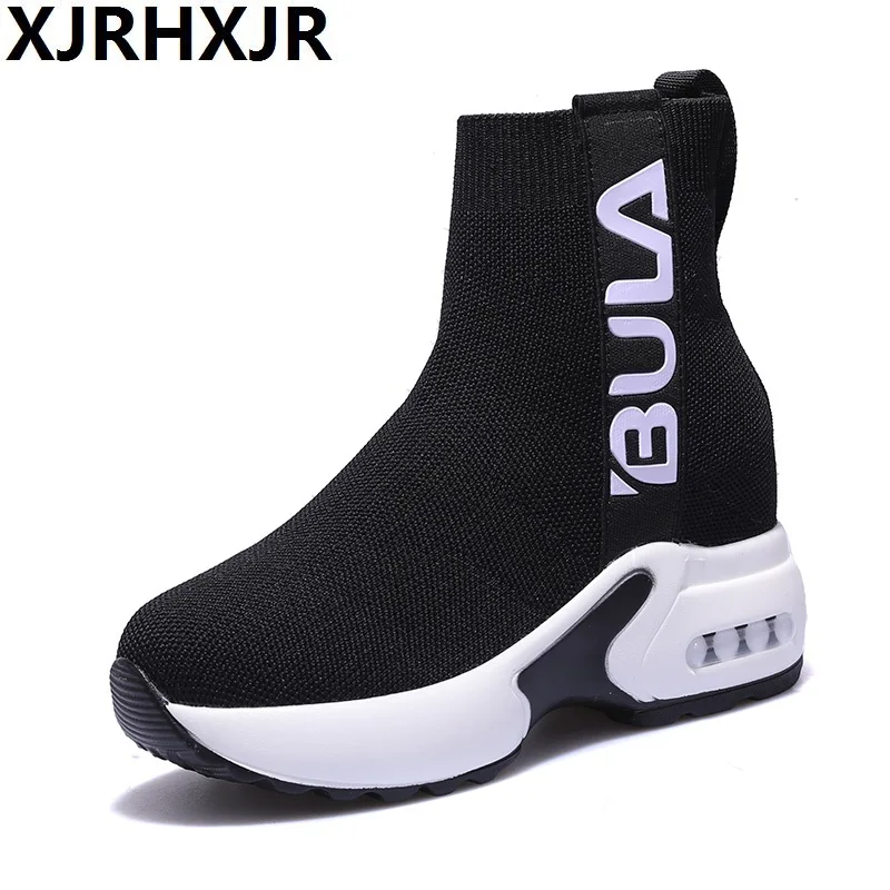 

XJRHXJR Women Sock Boots 2019 New Stretch Fabric Shoes Slip On Ankle Boots Women Flat Boots For Womens Black 35-39 womens shoes