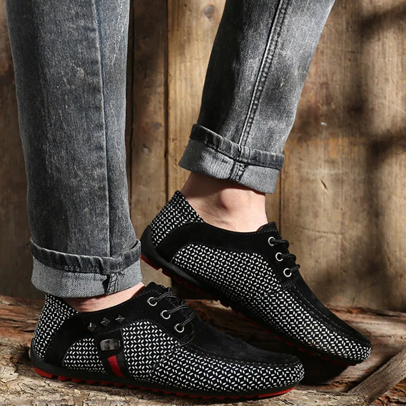 LIN KING Plus Size Pu Leather Shoes For Men Lace Up Flats Casual Shoes Soft Sole Loafers Moccasins Comfortable Man Driving Shoes