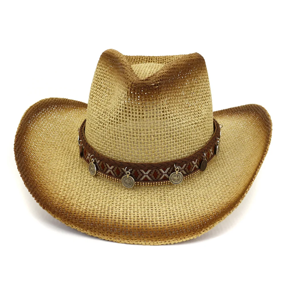 QIUBOSS летняя коричневая спрей-цветная бумага ковбойская соломенная ковбойские шляпы для женщин мужчин женщин широкий пляжный навес шляпа для защиты от солнца Джаз Кепка Панама - Цвет: Хаки