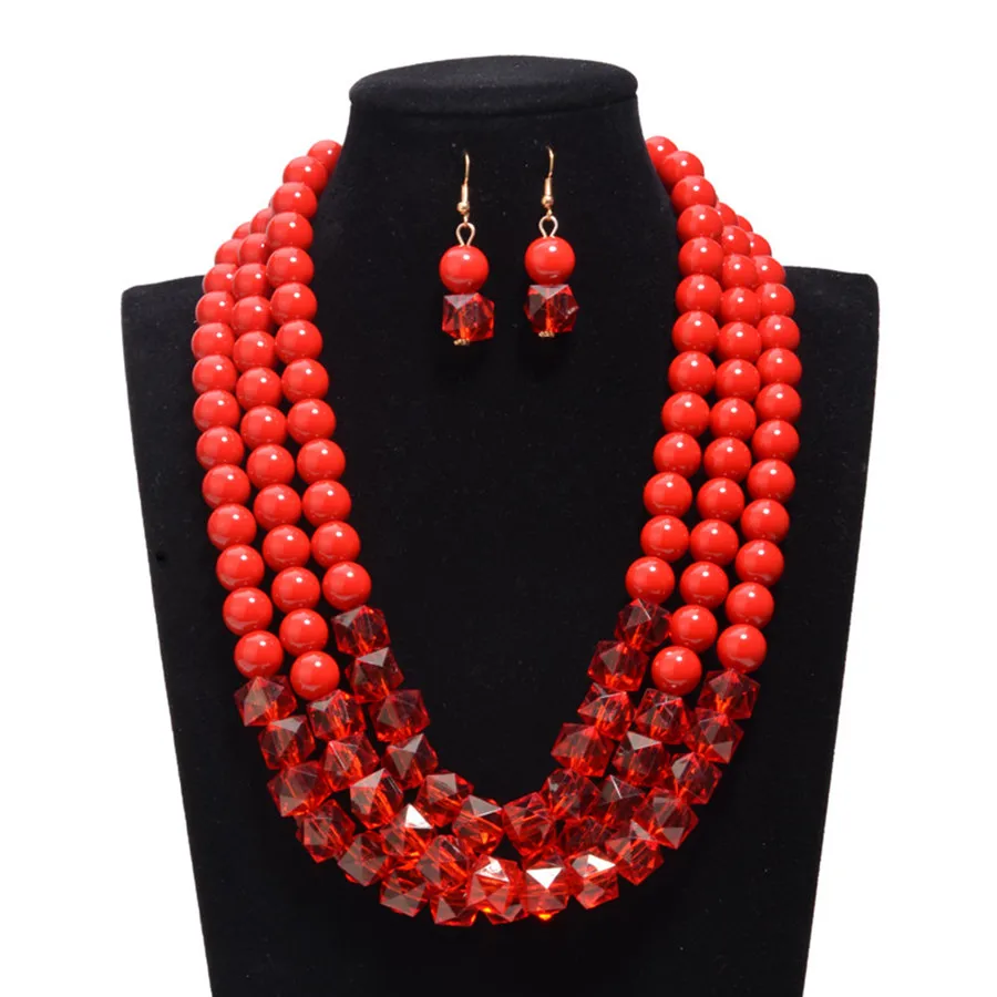 Многослойный большой размер, имитация жемчуга, ювелирный набор, ручная работа, массивное ожерелье, серьги, набор, изысканные африканские бусы, свадебные украшения - Окраска металла: red jewelry set