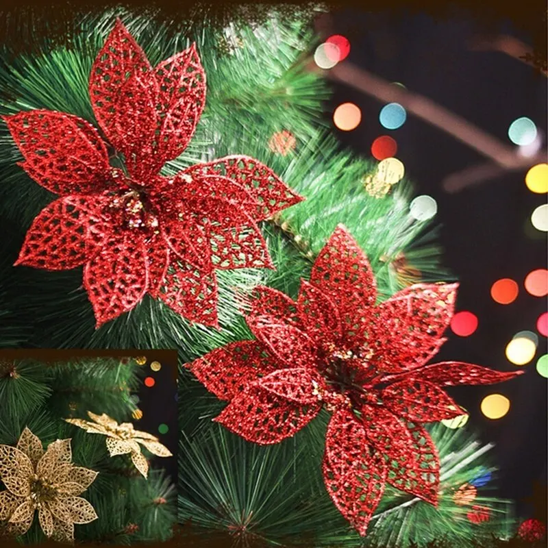 13 см рождественские искусственные с блестками Полые Цветы Рождественская елка украшения для свадебной вечеринки Золотые/серебряные/красные