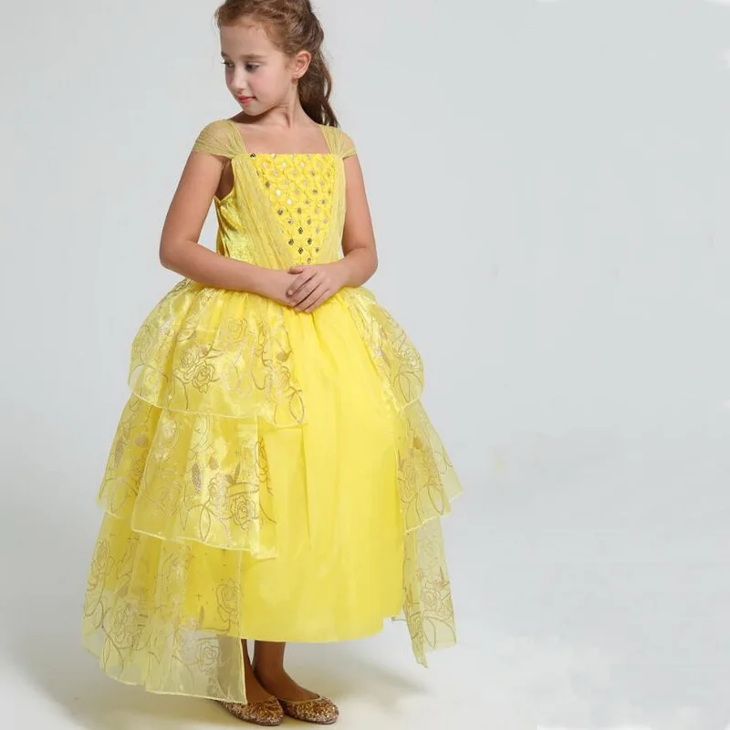 Нарядный костюм принцессы Белль для девочек; нарядное платье для детей; желтые вечерние платья для девочек; платье на карнавал, Рождество, день рождения, бальное платье; vestidos
